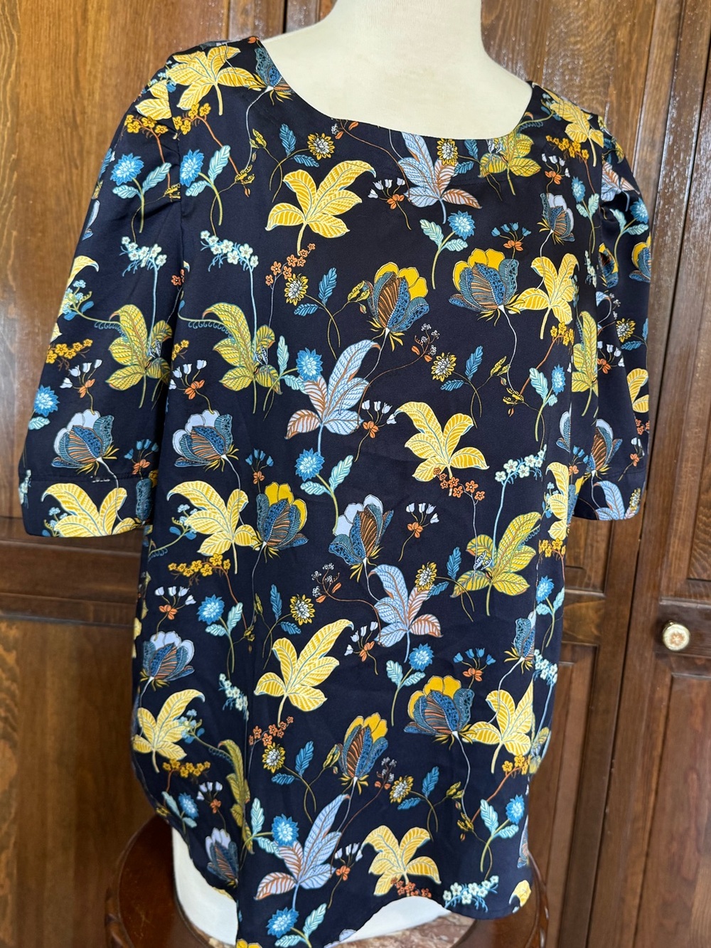 LOFT Floral Puff Sleeve Fall Autumn Layering Navy Yellow Botanical Blouse Top